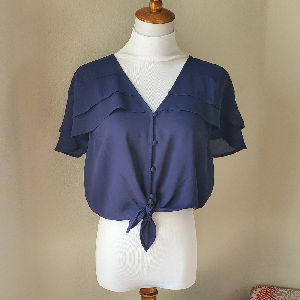 Maison Jules Navy Crop Blouse